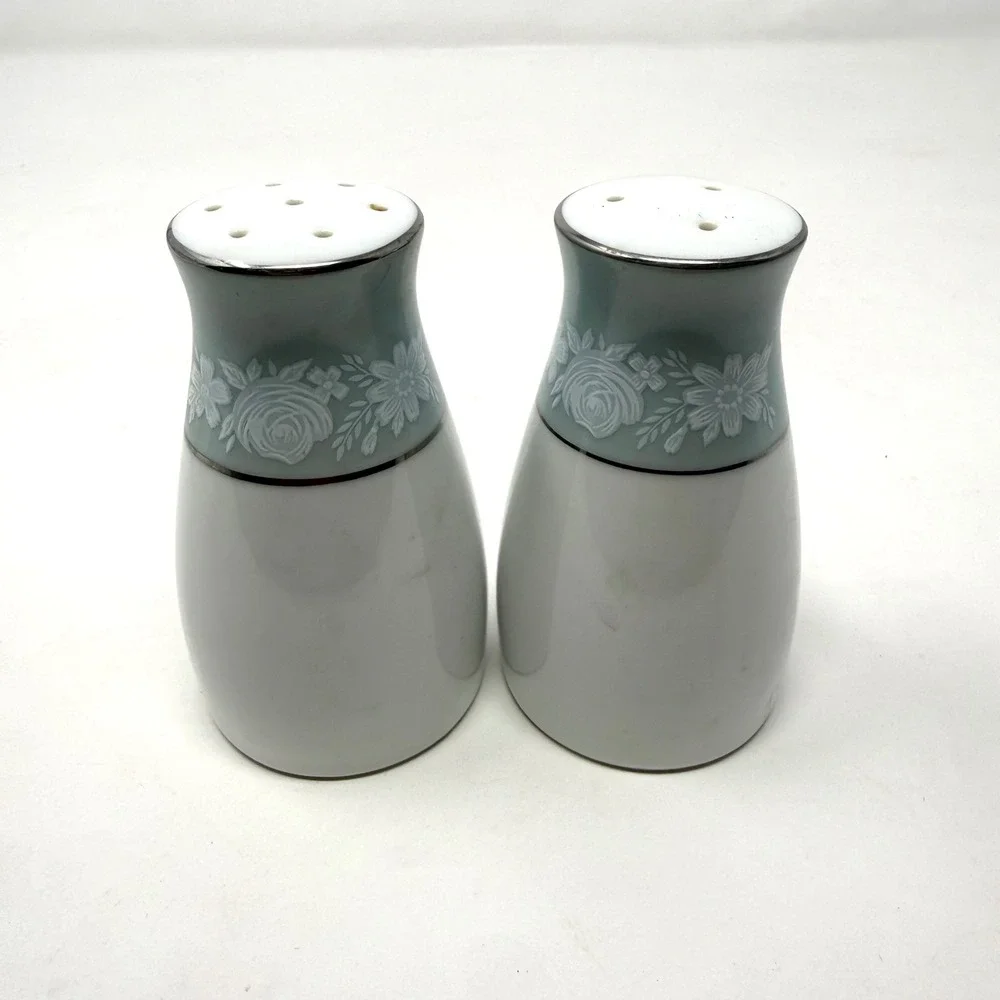 Noritake Japan Lamita Porcelain Salt and Pepper Shakers Floral Blue White Set